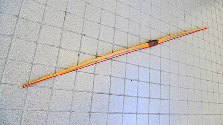 Straight ended 66” Ben Pearson bow with 1 ½” of set. Most of these bows in my collection had this amount of set. Only 3 or 4 out of 14 had tips which were behind the handle belly. The red line shows the amount of set.